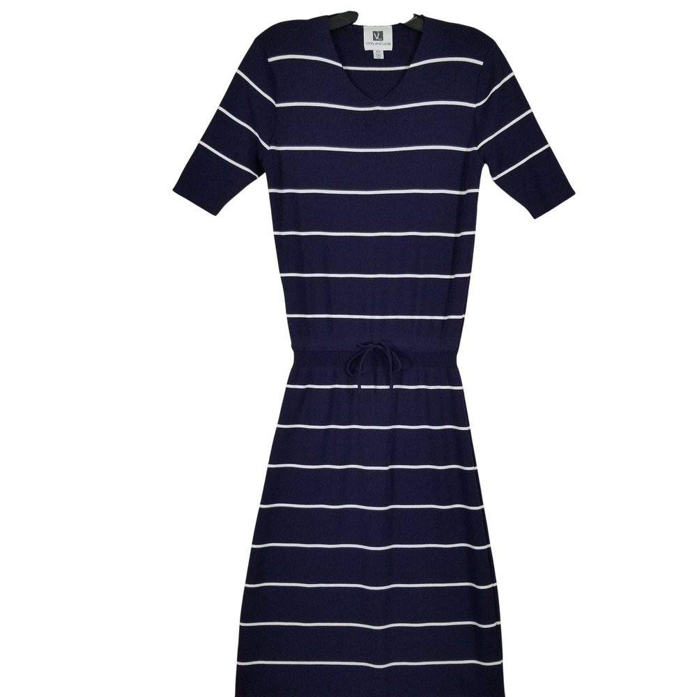 Vicky and Lucas Womens Navy Blue White Striped Knit Midi Dress Drawstring Size M